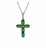COLLIER ARGENT RHODIÉ PENDENTIF CROIX OXYDES VERTS 38+5CM 
