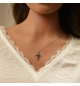 COLLIER ARGENT RHODIÉ PENDENTIF CROIX OXYDES VERTS 38+5CM 
