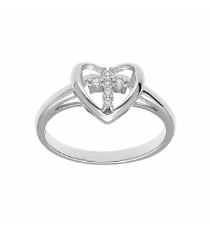 BAGUE ARGENT RHODIÉ COEUR AVEC CROIX OXYDES BLANCS SERTIS 9 X 10MM