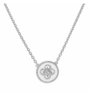COLLIER ARGENT RHODIÉ PASTILLE RÉSINE BLANCHE CROIX OXYDES BLANCS SERTIS 38+4CM 