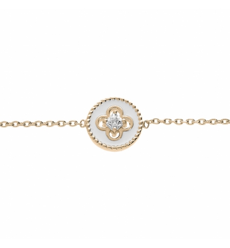 BRACELET PLAQUÉ OR PASTILLE RÉSINE BLANCHE CROIX OXYDES BLANCS SERTIS 16+2CM 