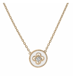 COLLIER PLAQUÉ OR PASTILLE RÉSINE BLANCHE CROIX OXYDES BLANCS SERTIS 38+4CM 