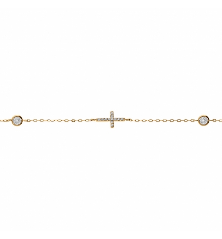 BRACELET ARGENT DORÉ 2 OXYDES BLANCS SERTIS CLOS AVEC CROIX OXYDES BLANCS SERTIS