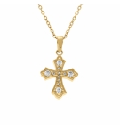 COLLIER ACIER DORÉ PENDENTIF CROIX OXYDES BLANCS SERTIS 42+5CM