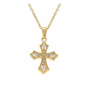 COLLIER ACIER DORÉ PENDENTIF CROIX OXYDES BLANCS SERTIS 42+5CM