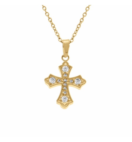 COLLIER ACIER DORÉ PENDENTIF CROIX OXYDES BLANCS SERTIS 42+5CM