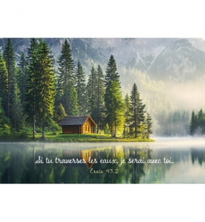 Carte avec verset Cabane au bord d'un lac dans la montagne