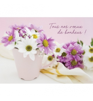 Carte avec message Bouquet de fleurs blanches et violettes