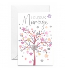 Carte double "Heureux Mariage" Arbre rose avec fleurs assorties 