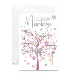 Carte double "Heureux Mariage" Arbre rose avec fleurs assorties 