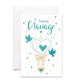 Carte double "Heureux Mariage" Suspension coeur et colombes 