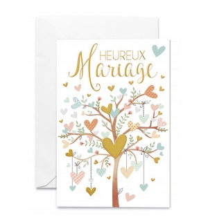 Carte double "Heureux Mariage" Arbre vieux rose avec coeurs 