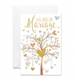 Carte double "Heureux Mariage" Arbre vieux rose avec coeurs 