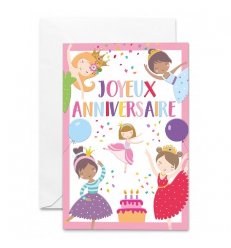 Carte Double Petites filles ballerines, ballons et gâteau d'anniversaire Carte Double Petites filles ballerines, ballons et gâteau d'anniversaire