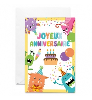 Carte Double Animaux joyeux, ballons et gâteau d'anniversaire