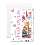Carte  Marque-page chaton avec ruban rose, ballons et coeurs