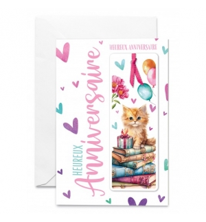 Carte  Marque-page chaton avec ruban rose, ballons et coeurs