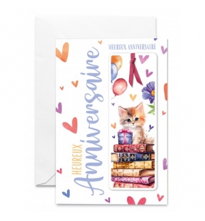 Carte  Marque-page chaton avec ruban bordeau, ballons et coeurs