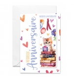 Carte  Marque-page chaton avec ruban bordeau, ballons et coeurs