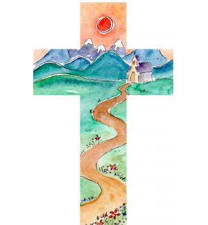 Croix en bois - Chemin/Eglise/Soleil 