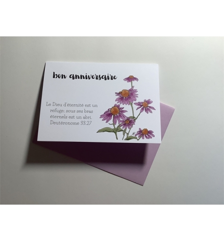 Carte Double Anniversaire - Echinacée verset Deutéronome 33v27