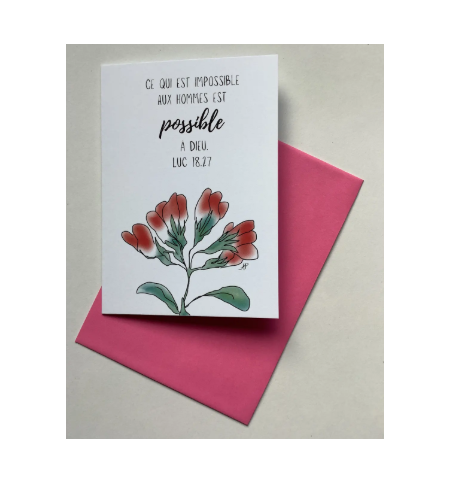 Carte Double Fleurs rouges Avec Verset Luc 18v27