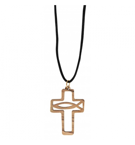 Collier croix ichtus en bois d'olivier
