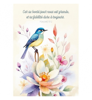 Carte Avec Verset Oiseau posé sur des fleurs en aquarelle