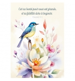 Carte Avec Verset Oiseau posé sur des fleurs en aquarelle