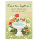 Carte Baptème Illustration avec un rouge-gorge posé sur une fontaine