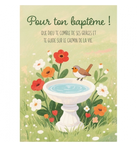 Carte Baptème Illustration avec un rouge-gorge posé sur une fontaine