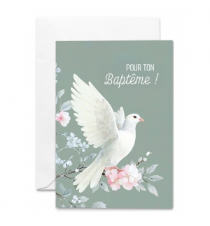 Carte Double Baptême Colombe sur une branche en fleur