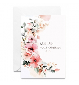 Carte Double Mariage Demi-couronne de fleurs sur fond blanc