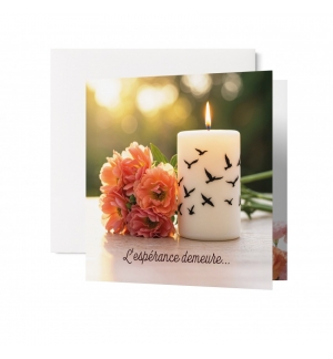 Carte double carrée Condoléances Bougie Blanche Fleurs et Oiseaux