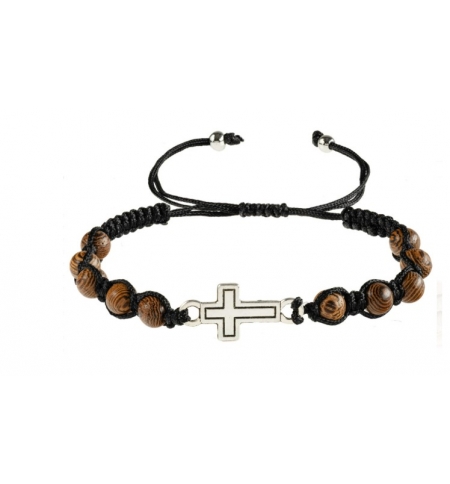 Bracelet sur corde - Perle /bois avec croix