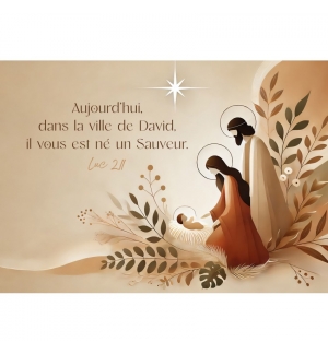 Carte Fin D'année Illustration de Jésus, Marie et Joseph sur fond beige Carte Fin D'année Illustration de Jésus, Marie et Joseph sur fond beige