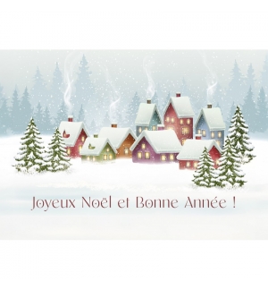Carte Fin D'année Village dans la forêt sous la neige Carte Fin D'année Village dans la forêt sous la neige