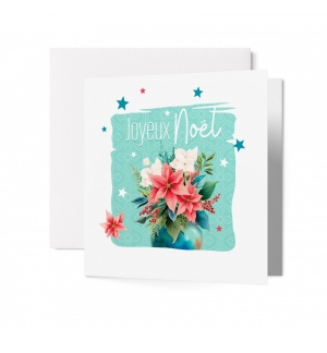 Carte Double Carrée joyeux Noel  Fleurs de Noël dans un vase  Carte Double Carrée joyeux Noel  Fleurs de Noël dans un vase