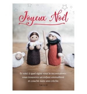 CARTE Fin d'année Figurine de crèche sur une table