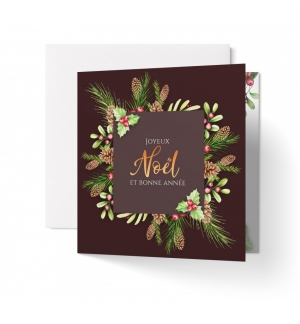 Carte " Joyeux Noel" Fin d'année Motifs floraux sur fond marron