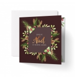 Carte " Joyeux Noel" Fin d'année Motifs floraux sur fond marron