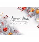 CARTE Fin d'année Branches de sapin blanches et décorations de Noël