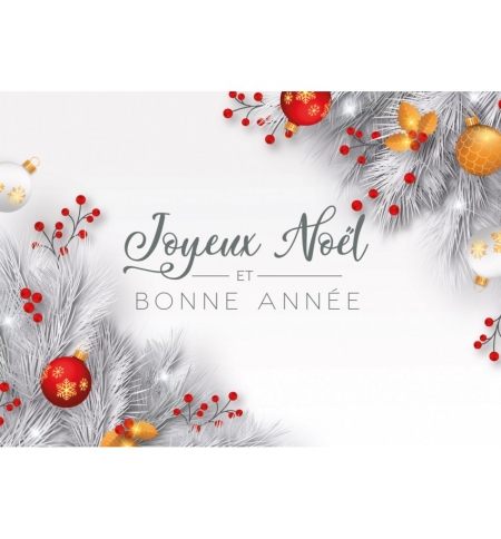 CARTE Fin d'année Branches de sapin blanches et décorations de Noël