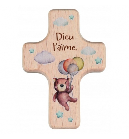 Mini croix en bois d'hêtre "Ourson"