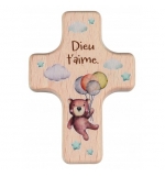 Mini croix en bois d'hêtre "Ourson"