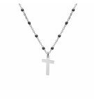 COLLIER ARGENT RHODIE BOULES RÉSINE NOIRES AVEC CROIX 40+5CM