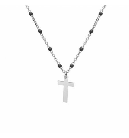 COLLIER ARGENT RHODIE BOULES RÉSINE NOIRES AVEC CROIX 40+5CM