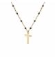 COLLIER OR ET DORURE JAUNE BOULES RÉSINE NOIRES AVEC CROIX 40+5CM