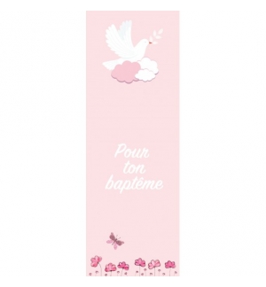 SIGNET Colombe sur fond rose "Pour ton baptême"