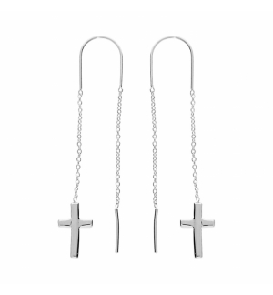 BOUCLES D'OREILLES ARGENT RHODIÉ 2 PENDANTS CHAINETTE CROIX 